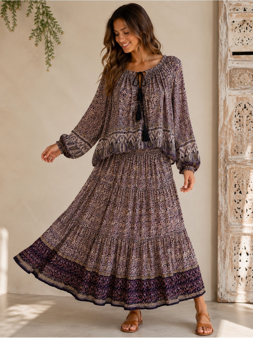 Vintage Indian Cotton 2-Piece Boho Set Flowy Peasant Top & Tiered Midi Skirt